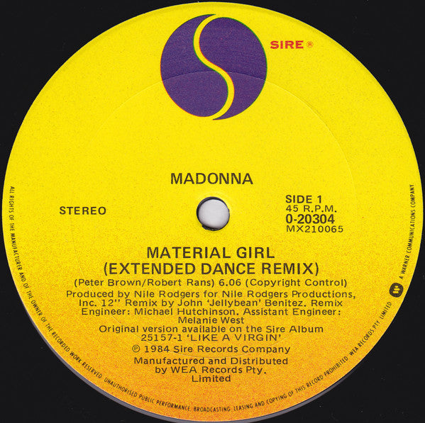Madonna : Material Girl (Extended Dance Remix) (12", Gen)