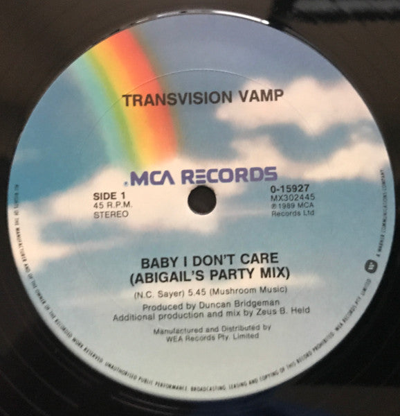 Transvision Vamp : Baby I Don't Care (12", Single)