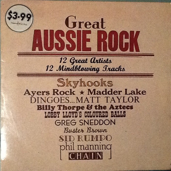 Various : Great Aussie Rock, 12 Great Artists. 12 Mind-blowing Tracks  (LP, Comp, Smplr)